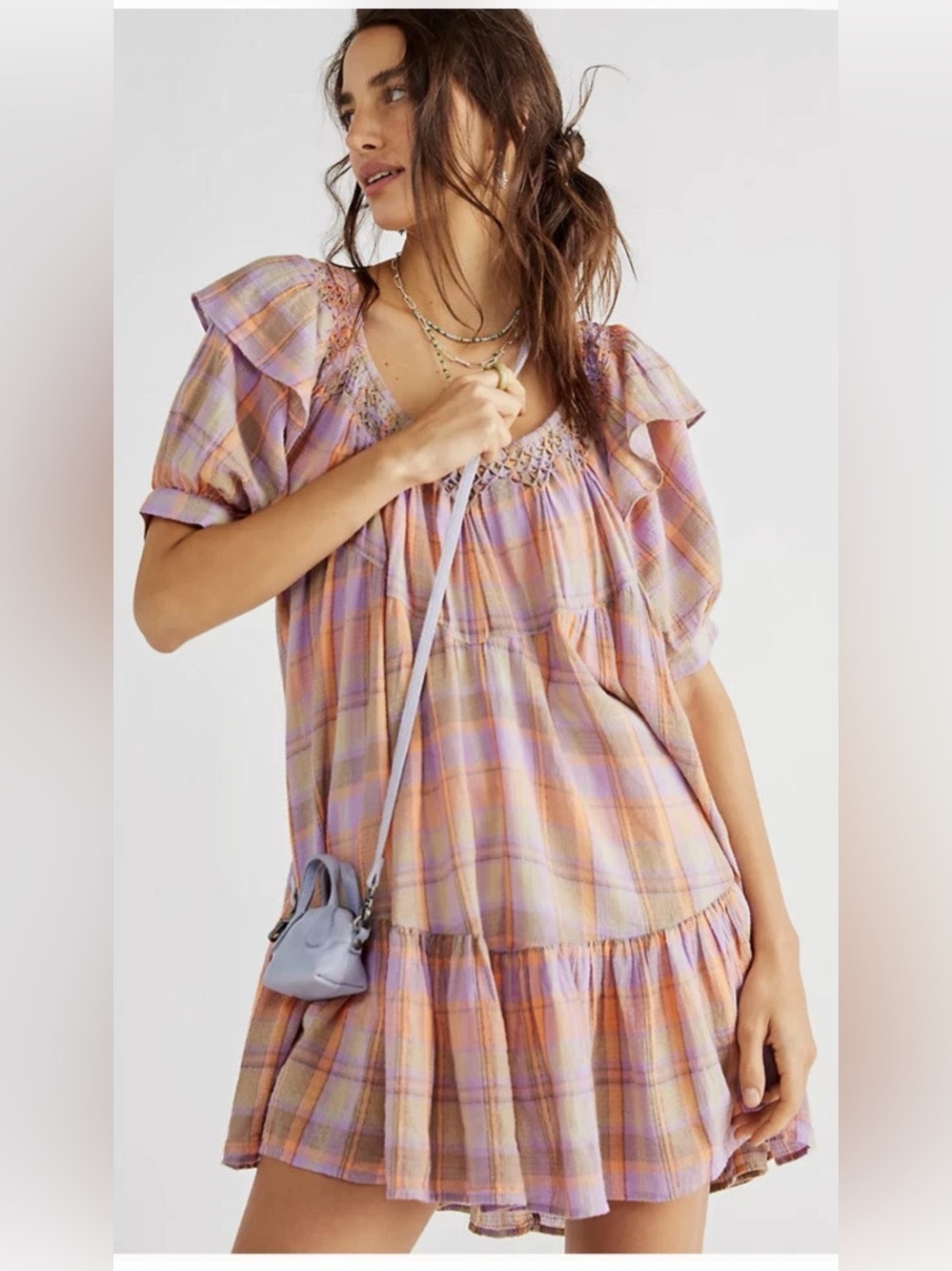 Free People Amelie Plaid Babydoll Mini Dress Lavender Boho Smocked Puff Sleeve